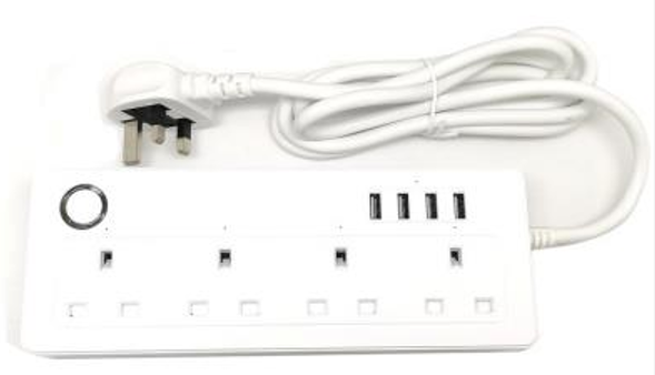 Tuya WiFi UK Smart Power Extension 4 Sockets & 4 USB, Power Metering, Separate App Control, Energy Monitoring, Alexa Google, White, CE